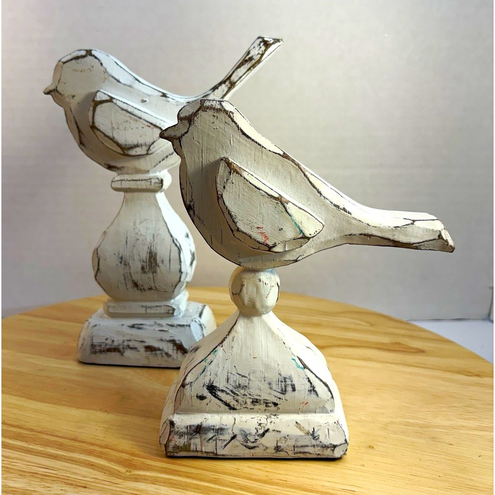 Set of 2 Distressed White Wood Bird Figurines Pedestal Base 7.5 and 6.5in